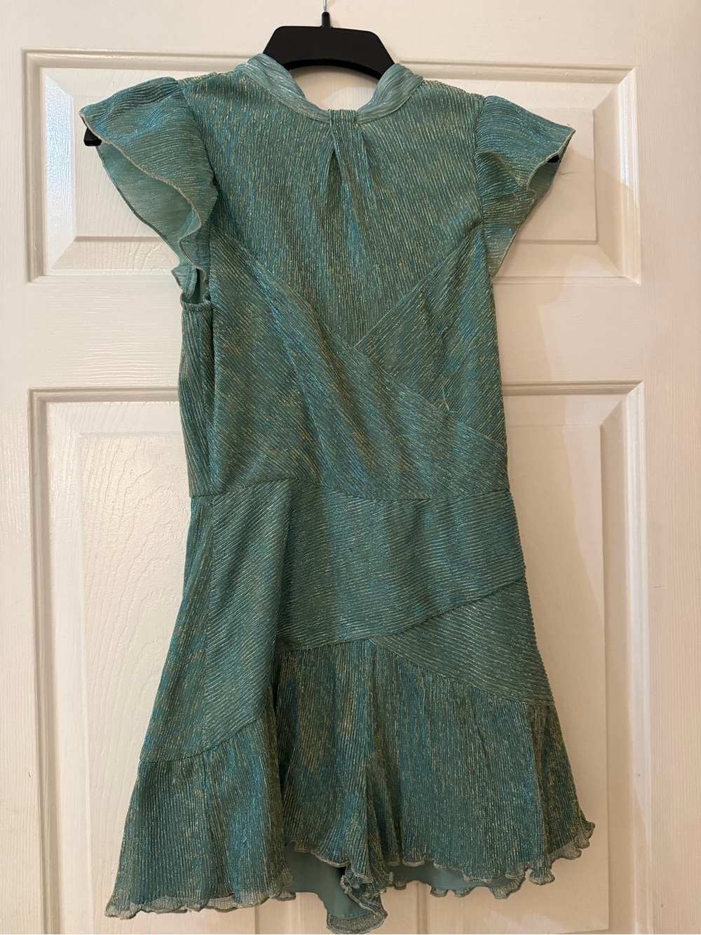 Saylor Teal Metallic Ruffle Sleeve Romper